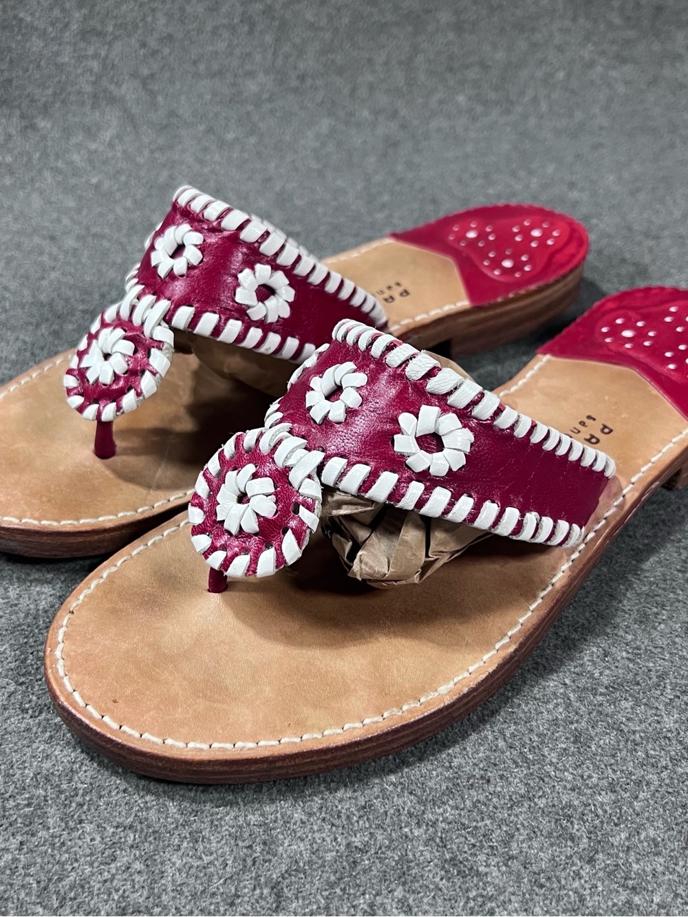 Palm Beach Sandals Womens Size 9 Red/White Leather Whipstitch Toe Post Slides